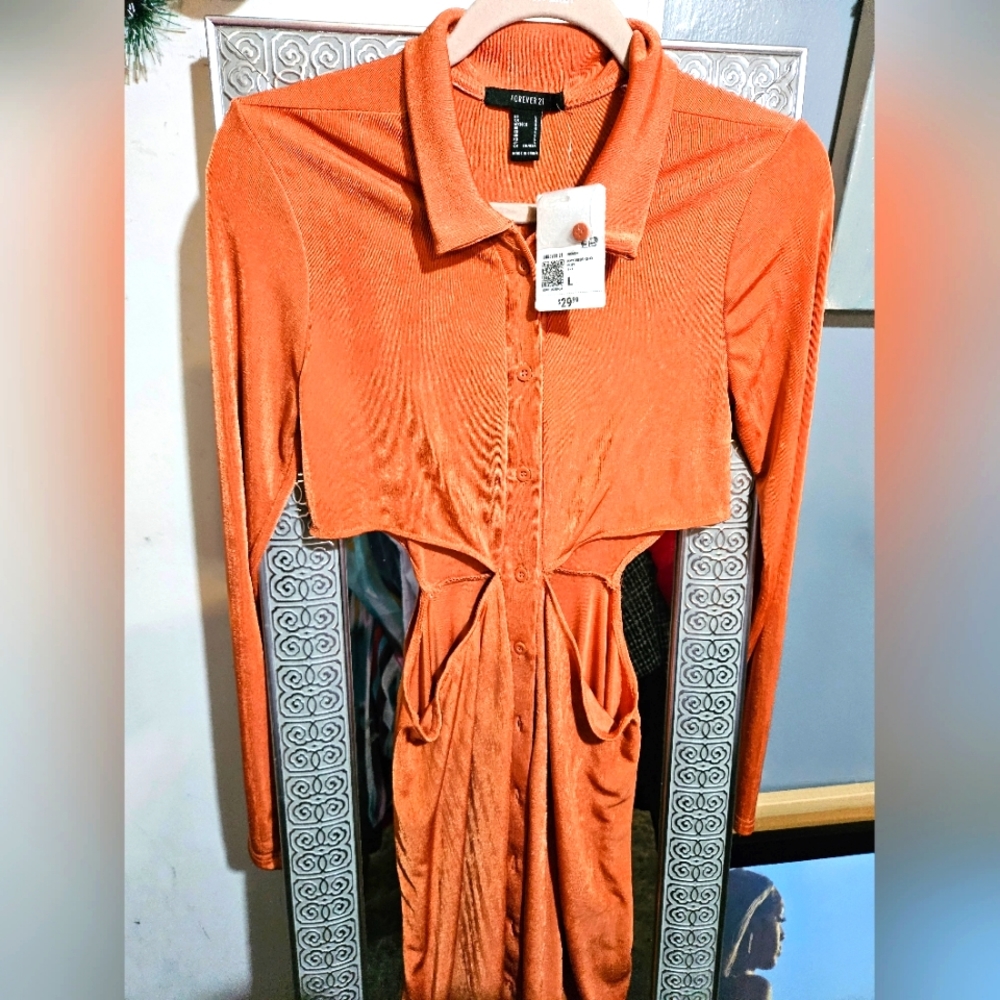 Sexy side cut-out button-down dress.  Burnt Orange.  Size Large.